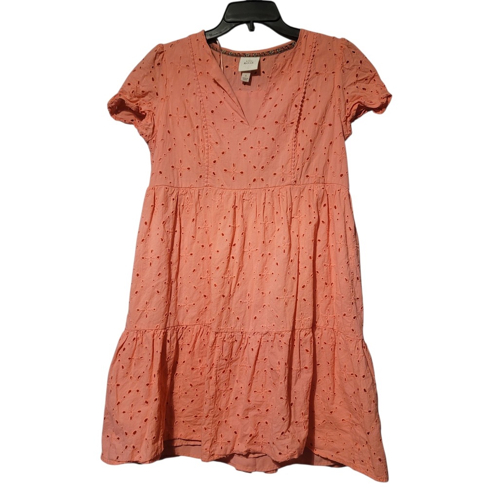 KNOX ROSE Solid All Pink‎ Eyelet Short Sleeve Midi Pullover Dress Women Sz Small